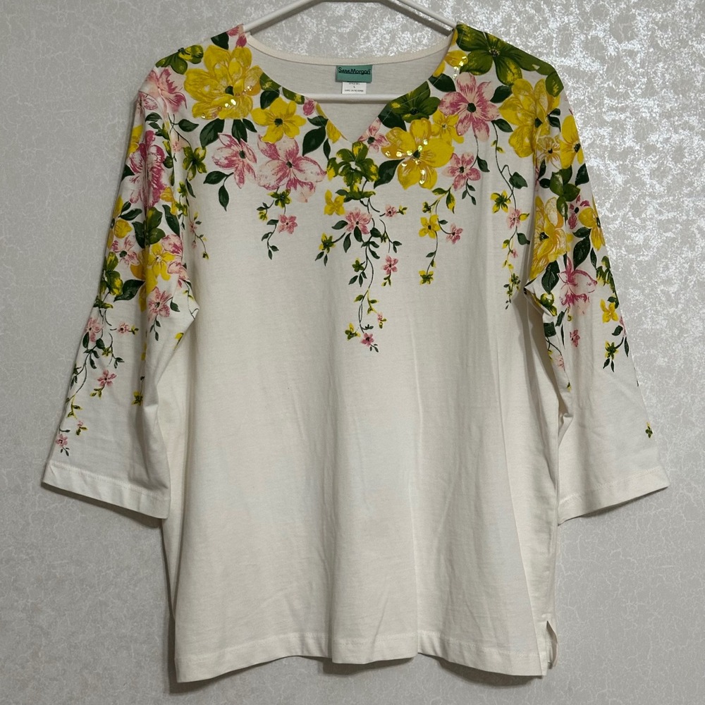 Sara Morgan Floral Sequin 3/4 Sleeve Top 100% Cotton V-Neck White Cottagecore L